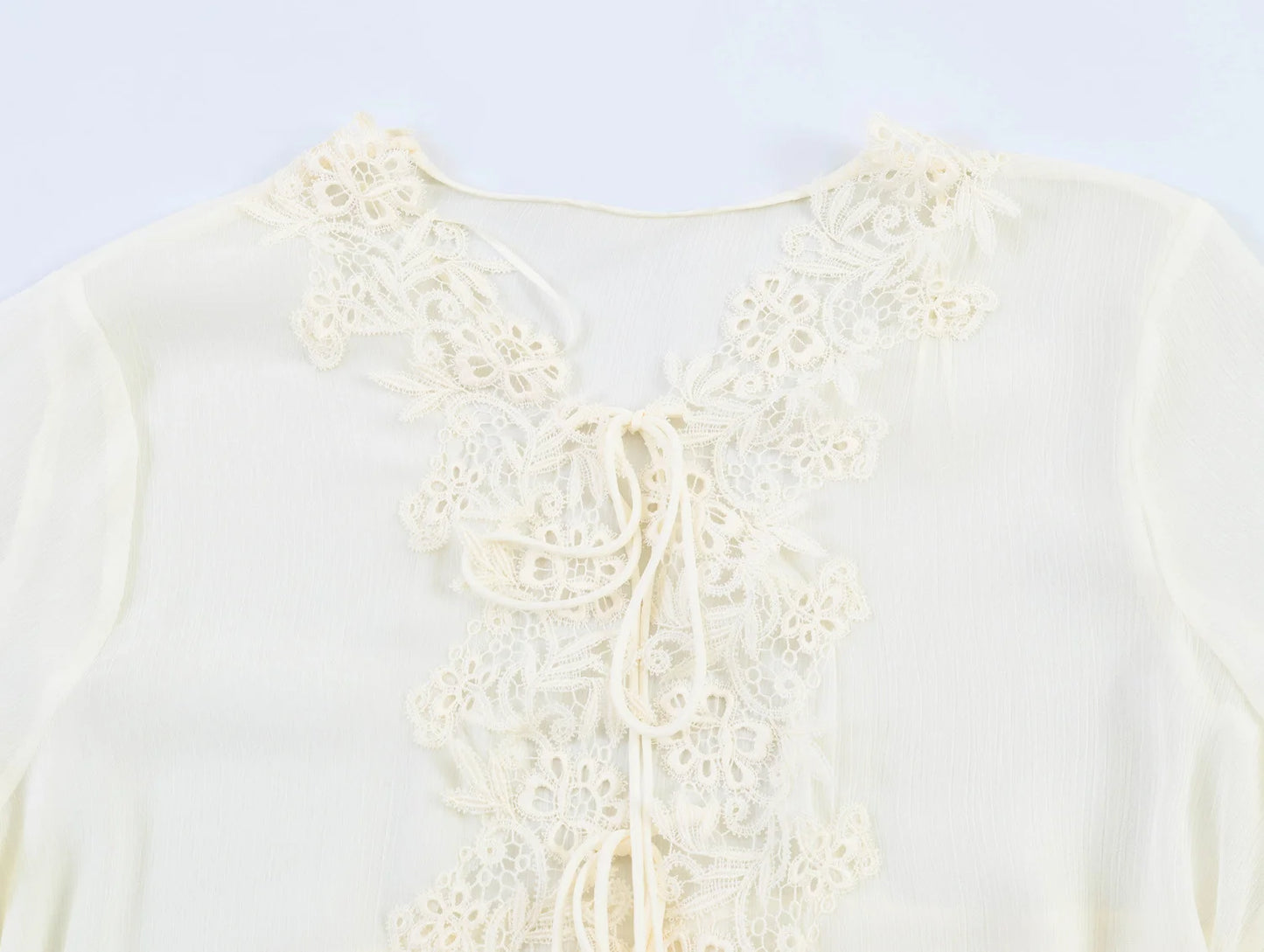 TFMLN New Women Blouse Fashionable Flare Sleeve Lace Spliced Semi-Sheer Cardigan Lace Up Tops Elegant Ruffled V Neck Shirt