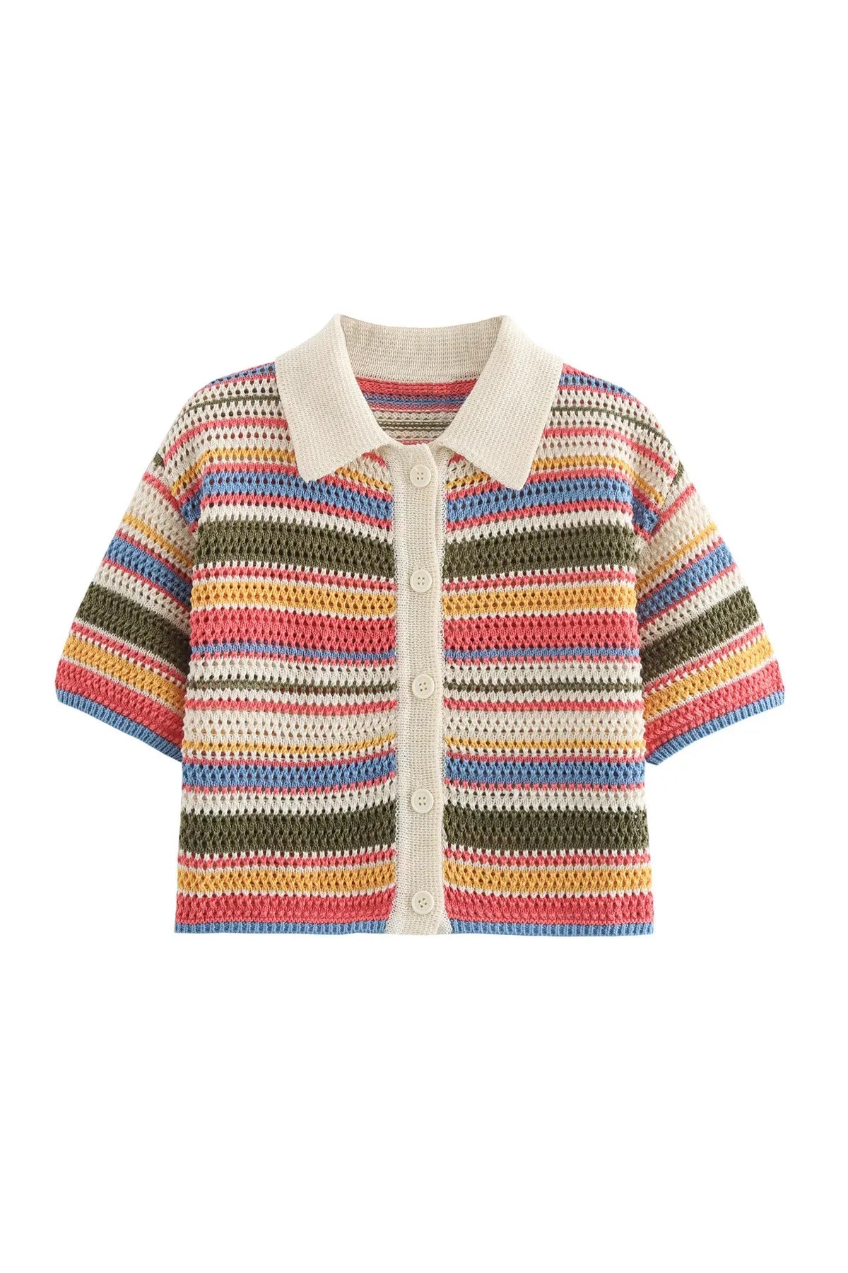 Frauen Patchwork Gestreiften Aushöhlen Häkeln Gestrickte Crop Pullover Shorts Set Kurzarm Polo Kragen Pullover Stricken Shorts Anzug Y2K