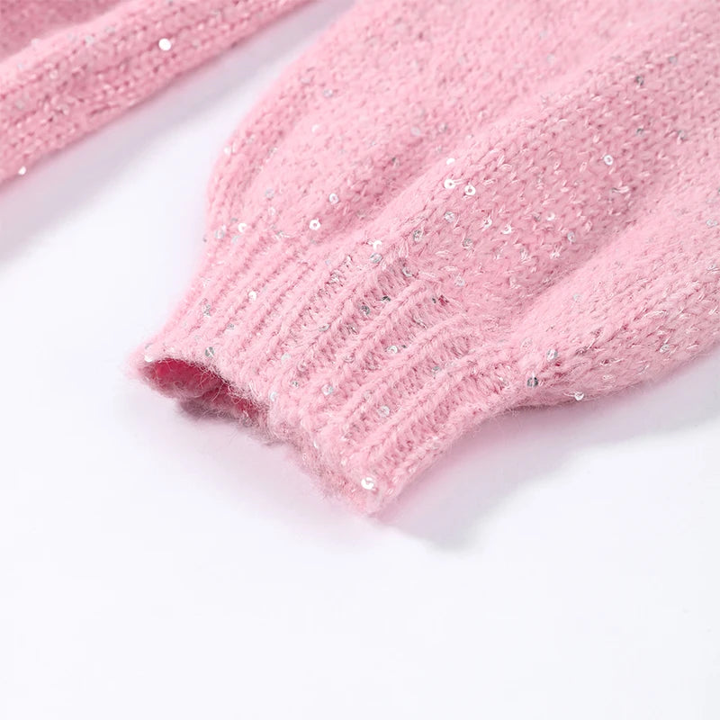 Casual Pailletten Lose Pullover Frauen Volle Hülse Gestrickte Solide Shinny Revers Reißverschlüsse Pullover Weibliche 2026 Frühling Dame Outwears