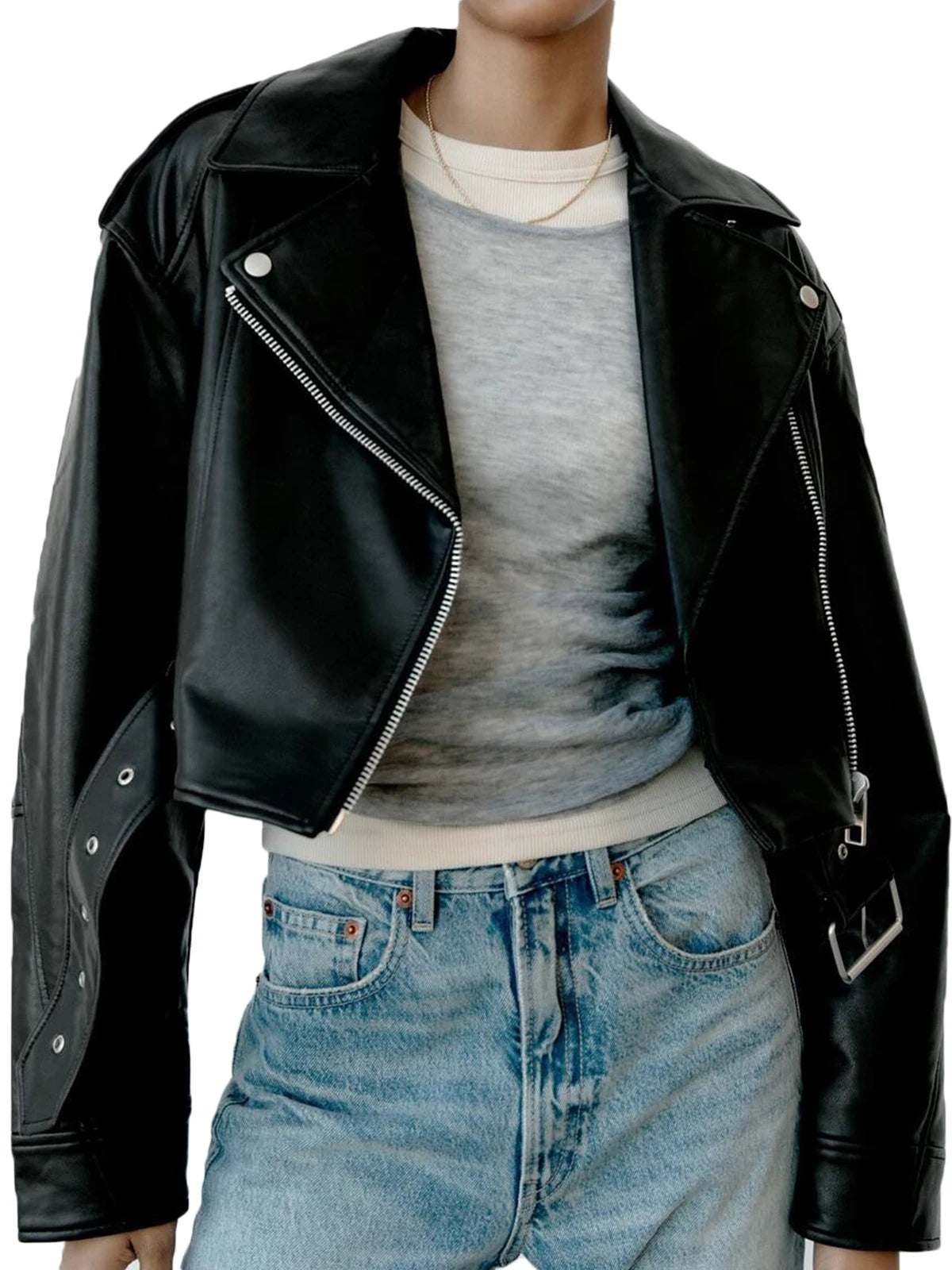 Fitaylor Damen Faux PU Lederjacke Casual Lady Revers Reißverschluss Kurze Lederjacke High Street Motorradmantel