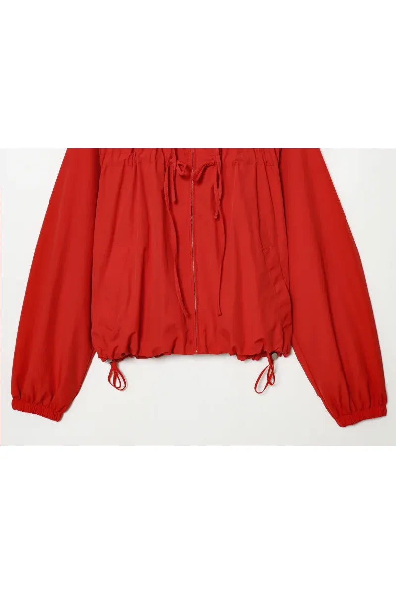 ETJ Damenjacke mit Kapuze und Kordelzug sowie elastischen Bündchen und Saum – Roter, übergroßer Kurzmantel mit Blasenärmeln