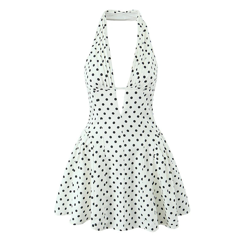 YENKYE Französisch Stil Retro Polka Dot Tiefem V Halter Kleid Frauen Sexy Backless A-linie Schlank Süße Elegante Mini Kleider Sommer Robe