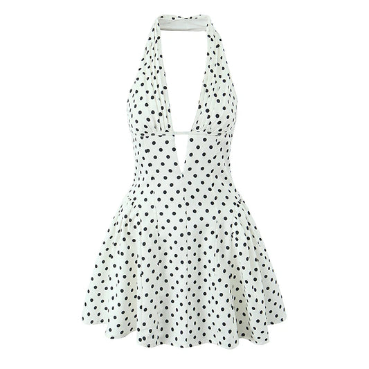 YENKYE Französisch Stil Retro Polka Dot Tiefem V Halter Kleid Frauen Sexy Backless A-linie Schlank Süße Elegante Mini Kleider Sommer Robe