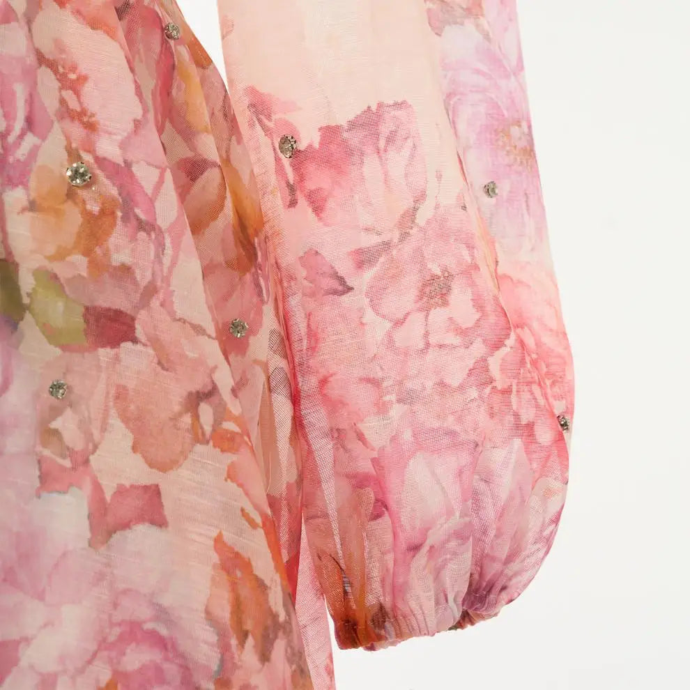 Spring Summer 2026 New Style Long Skirt Dress Women's Maxi Dress Diamond Floral Print High Waist Long Sleeve Street Style Ele...