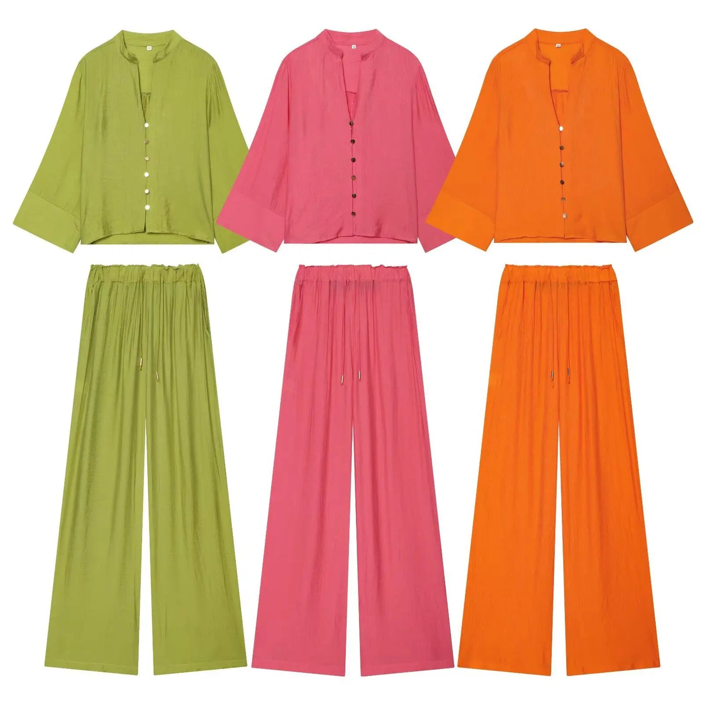 Loose Long Sleeve V-Neck Shirt Elastic Waist High Waist Wide Leg Pants Set Women's Casual Comfortable Polyester Spring Summer