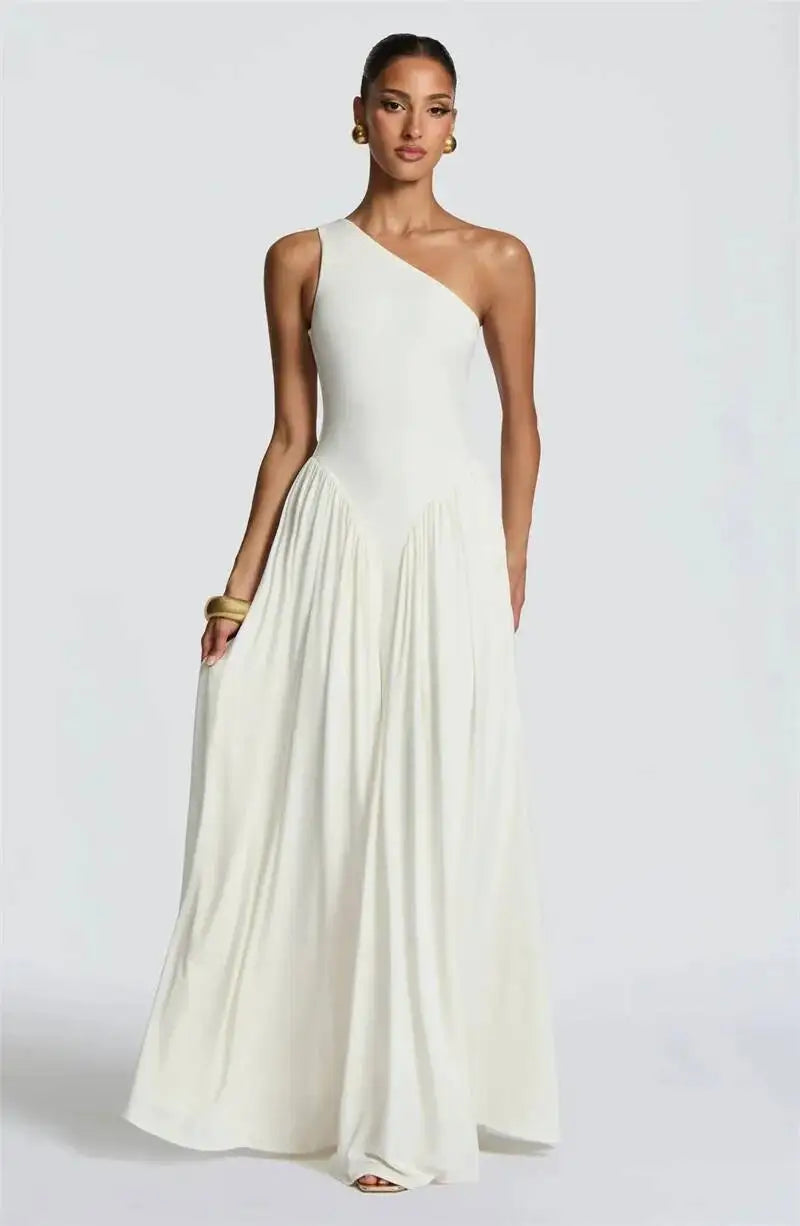 Mozision One Shoulder Backless Sexy Maxi Dress Women Elegant Diagonal Collar Sleeveless Bodycon Pleated Club Party Long Dresses