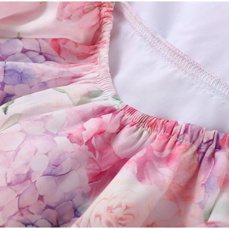 Chic Floral Printed Mini Dress Backless Sleeveless Hem Stacking Dresses Sweet A Line Vestidos 2025 New Lady Party Club Clothing