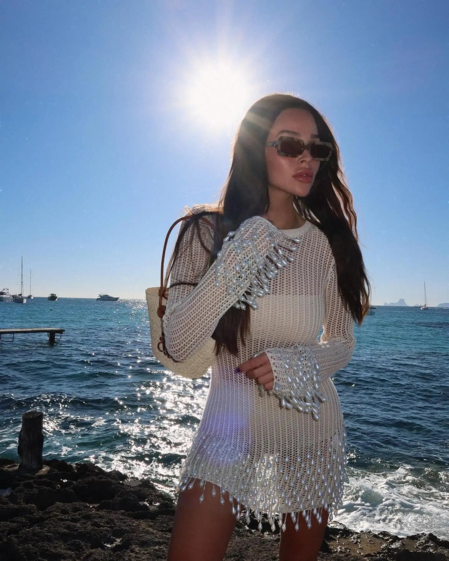 Pearl Corchet Mini Dress Women Summer Party Long Sleeve Knitting Dresses Cover Up Elegant Slim Vestidos Holiday Beach Robe