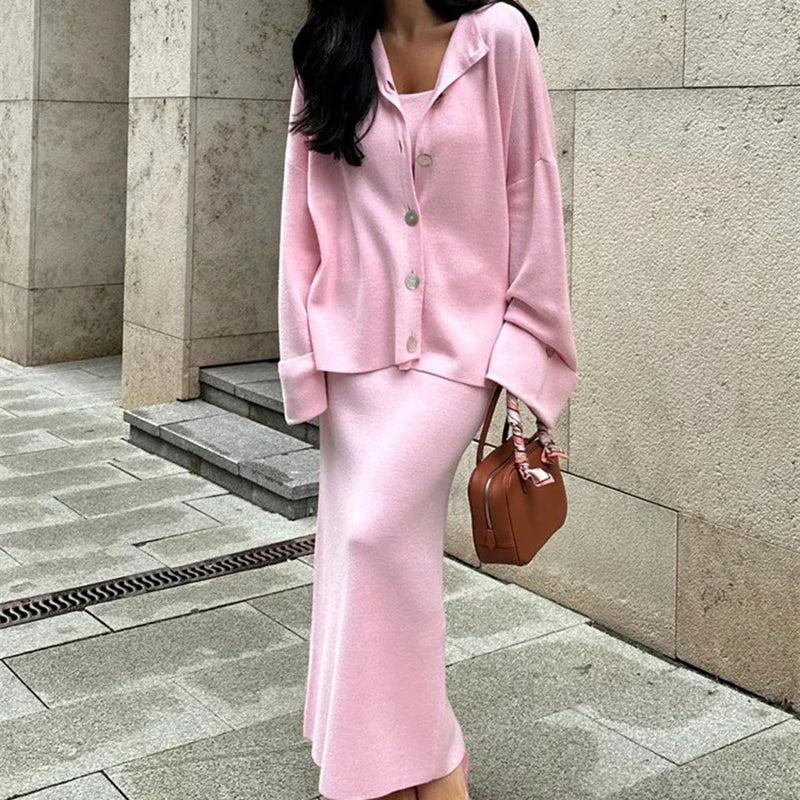 Mode Drei Stück Sets Frauen Outfits Solide Strick Weste Lose Einreiher Langarm Mäntel Winter Chic Maxi Rock Sets