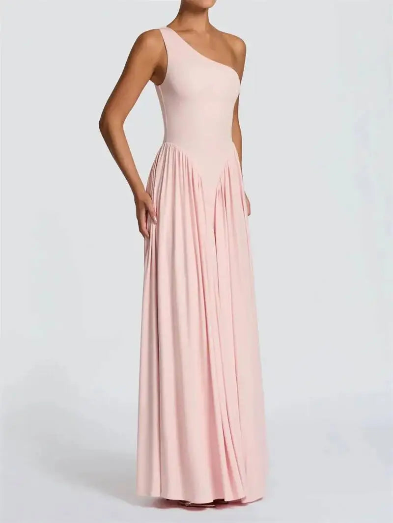 Mozision One Shoulder Backless Sexy Maxi Dress Women Elegant Diagonal Collar Sleeveless Bodycon Pleated Club Party Long Dresses