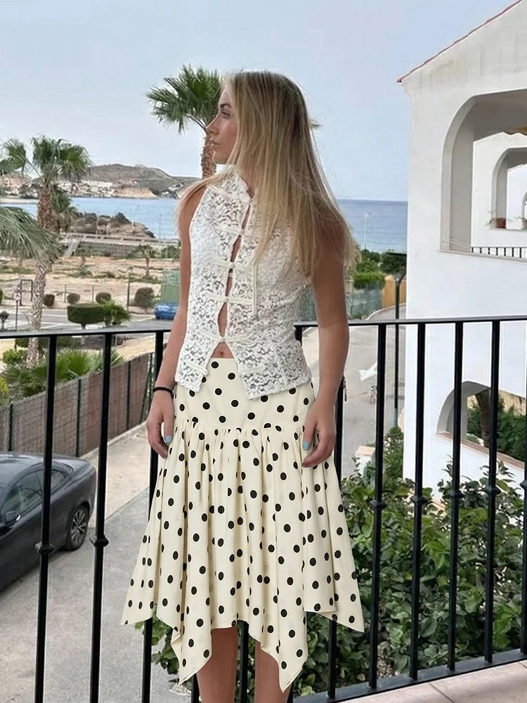 HH Elegant Summer Women Polka Dot Midi Skirt 2026 High Waist Irregular Hem Flowy Ruffle Skirt Beach Vacation Office Party Casual