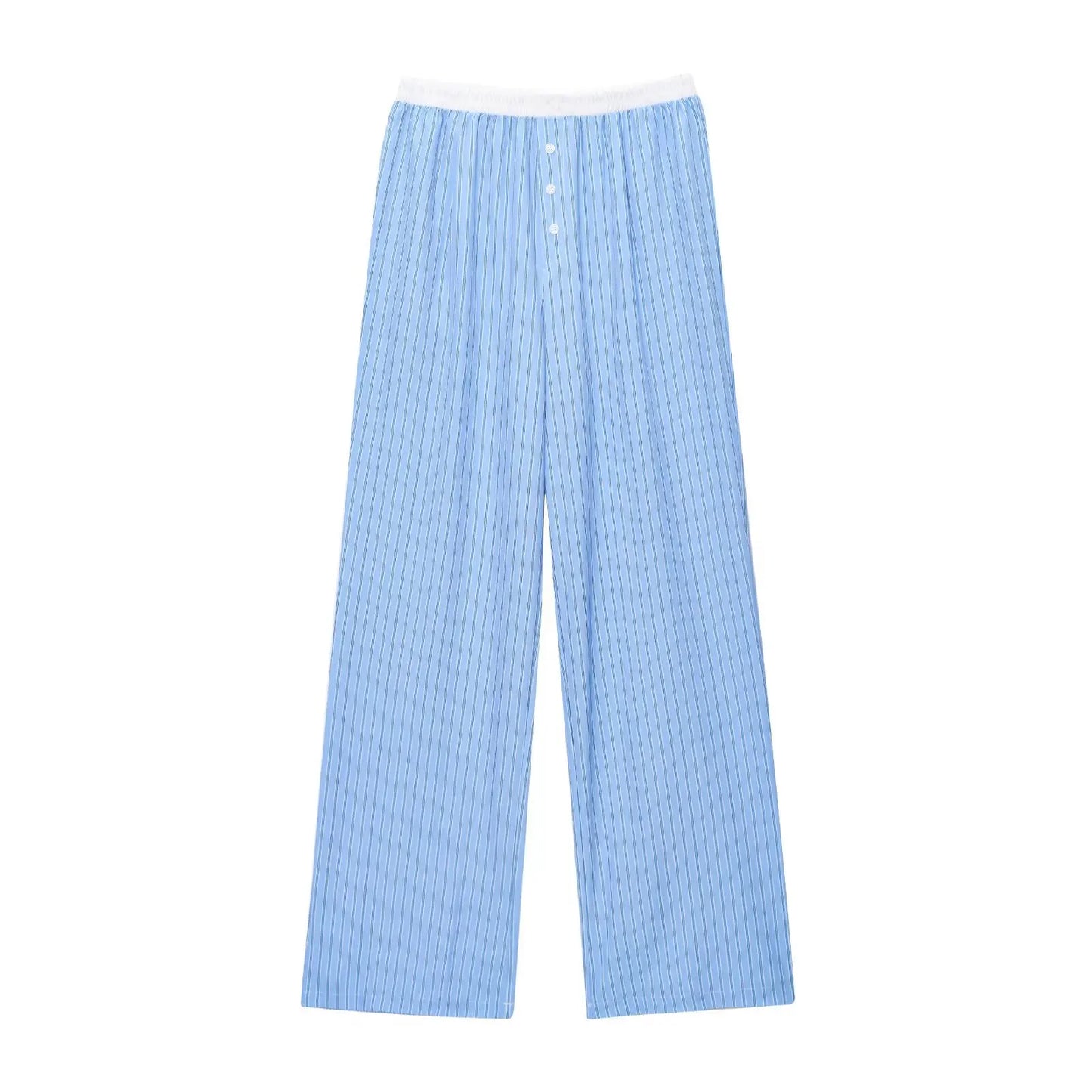 HH Women's Striped Pants Suit Bat Sleeve Loose Poplin Shirt+Elastic Waist Side Pocket Boxer Panties Pajama Style Casual Pant