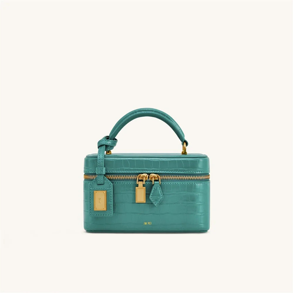 New JWPEI Cleo Crocodile-Print Diamond-Embellished Box Bag, Square Handbag, Crossbody Shoulder Bag, Small Square Bag