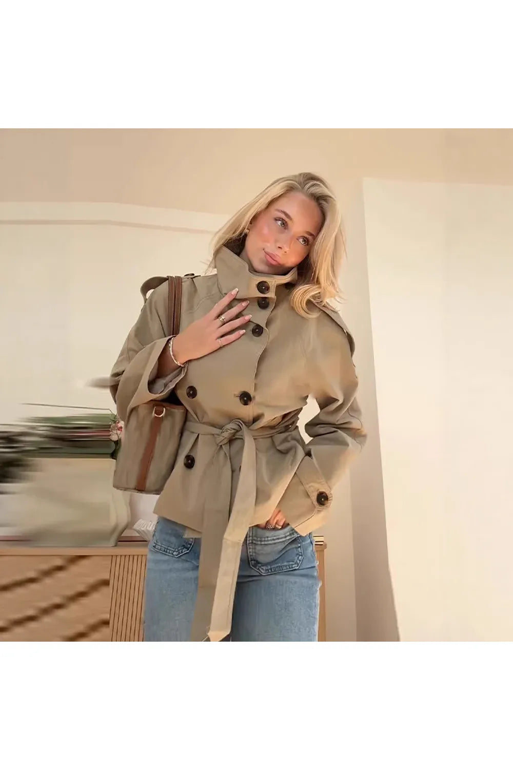 Bequemer, zweireihiger, langärmliger Kurzmantel im Retro-Stil, Vintage-Design, lässige Pendelmode, Polyesterstoff, Damen...