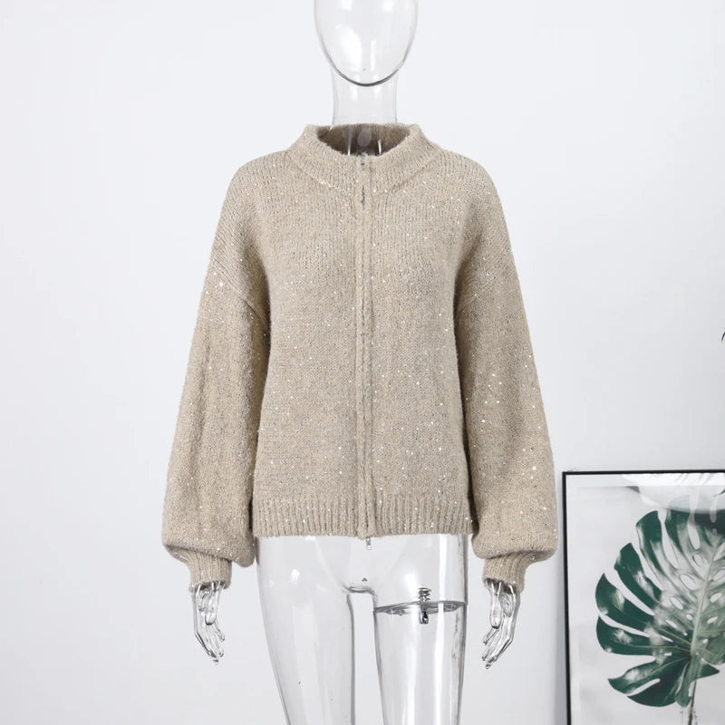 Casual Pailletten Lose Pullover Frauen Volle Hülse Gestrickte Solide Shinny Revers Reißverschlüsse Pullover Weibliche 2026 Frühling Dame Outwears