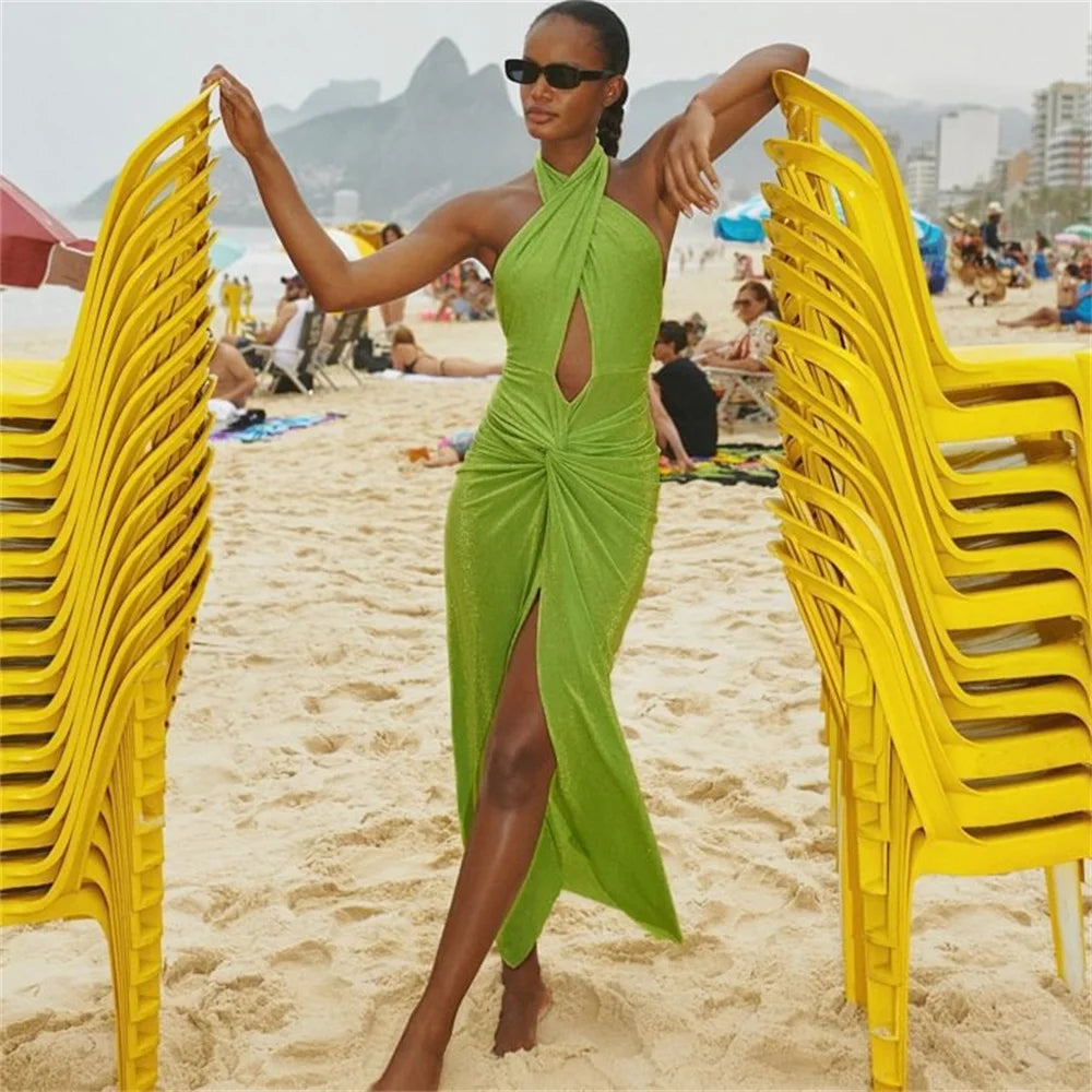 2025 New Swimsuit High-end Niche Design 2Pcs Halter Neck Glitter Fabric Holiday Sexy Hot Spring One Piece Swimsuit for Women