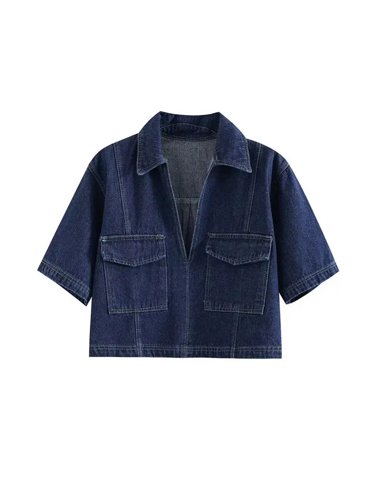 2025 Damenmode Flip Pocket Dekoration Kurzer Flip-Kragen Slim-Fit-Jeansoberteil + asymmetrischer Jeansrock 2-teiliges Set