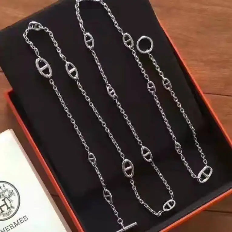 Halskette im Industrial-Stil mit Schweinenasen-Design, lange 925er Silber-Schulterkette mit mehreren Schichten, luxuriöse Halskette