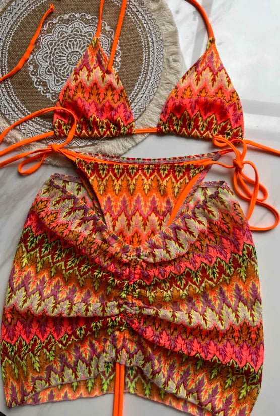 2025 New 3 Pieces Bikinis Sets Knitted Stripe With Skirt Knitting Beachwear Sexy Women's Swimsuit Cover-ups Strappy Beach Wear