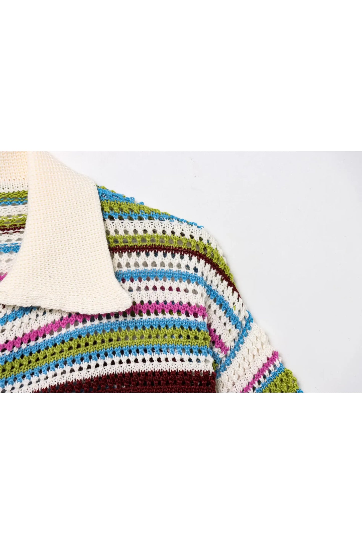 Frauen Patchwork Gestreiften Aushöhlen Häkeln Gestrickte Crop Pullover Shorts Set Kurzarm Polo Kragen Pullover Stricken Shorts Anzug Y2K