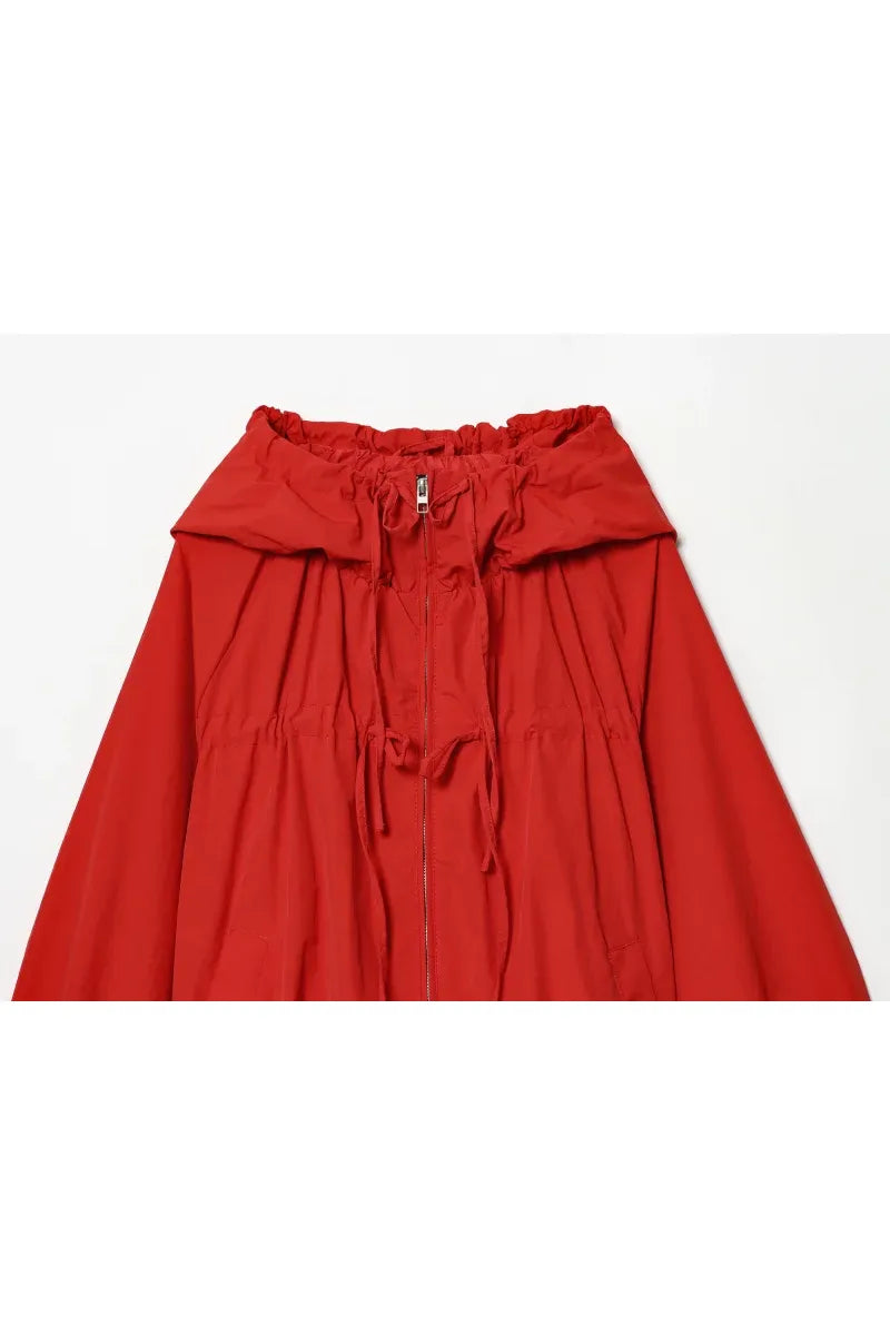 ETJ Damenjacke mit Kapuze und Kordelzug sowie elastischen Bündchen und Saum – Roter, übergroßer Kurzmantel mit Blasenärmeln