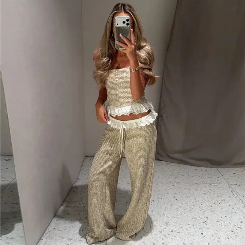 MUJER Ruffle Women's Pants Set Two Pieces Textured Wide Leg Pants for Women Mid Waist Pants Woman Outfit Summer Slip Top Lady