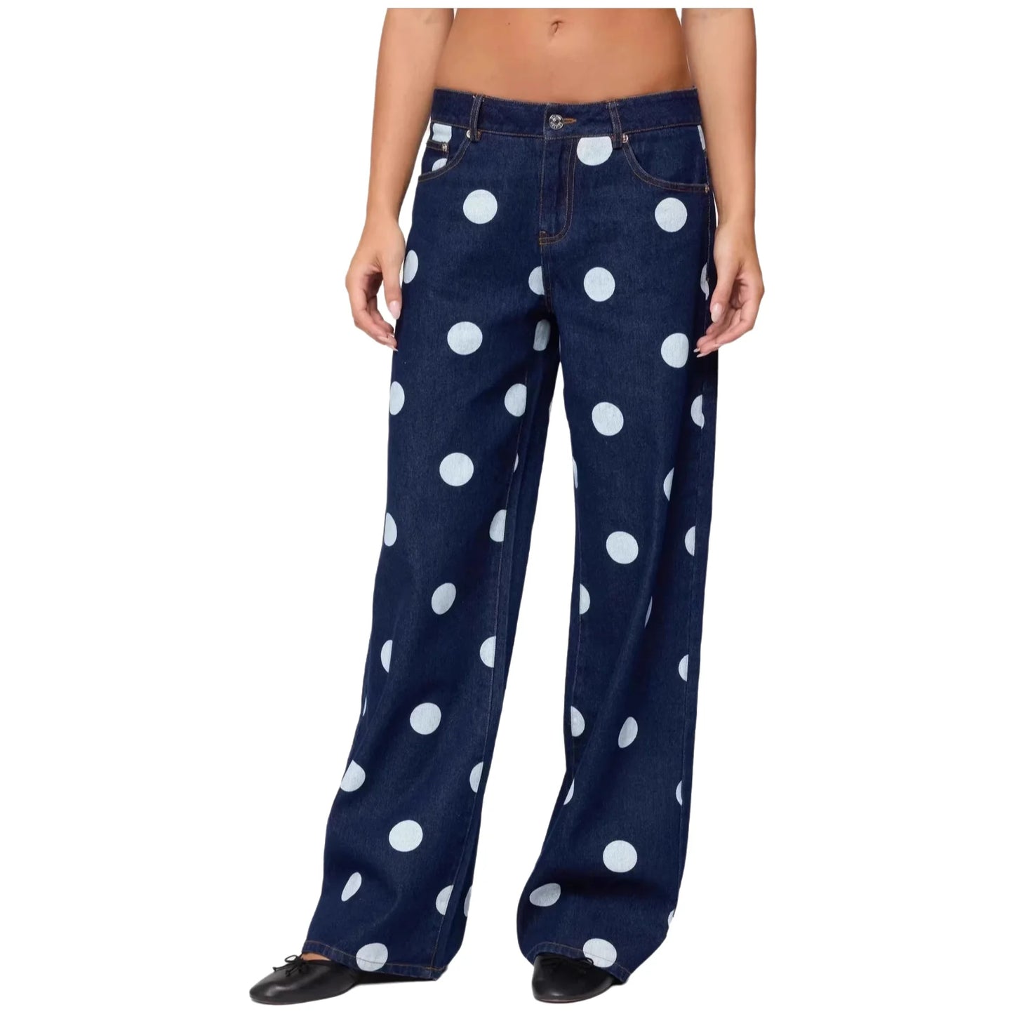 Lässige Gepunktete Denim-Jeans für Damen in Dunklen Farben, Gerade Geschnittene Lange Hose im Komfortablen Pendler-Stil aus Baumwollstoff