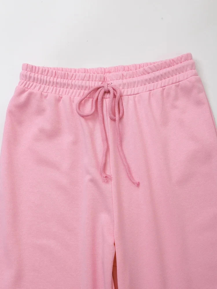HH Sommer Frauen Casual T-shirt Hose Sets Elegante Rosa O Hals Kurzarm T-Shirt + Kordelzug Lose Hosen Frühling Anzug