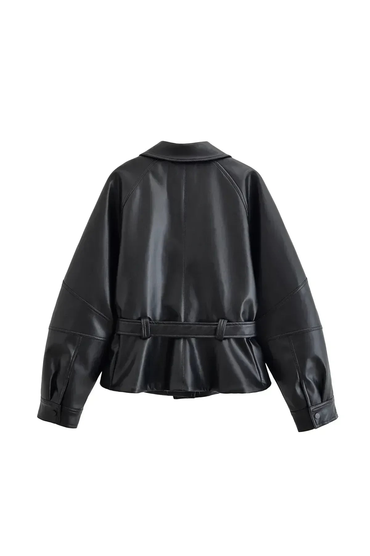 AMARA Vintage Damen Trenchcoat – Schwarze Kunstleder Jacke mit Gürtel