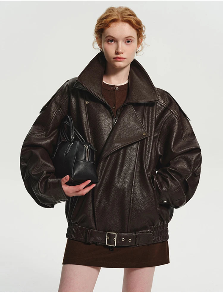 Lautaro Frühling Herbst Kühle Braun Übergroße Pu Leder Jacke Frauen Langarm Zip Up Luxus Designer Amerikanische Retro Kleidung