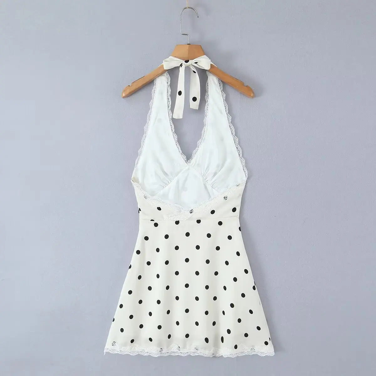 YENKYE Lace Spliced Polka Dot Halter Dress Women Elegant A-line Mini Sexy Backless Dresses Summer Robe 2025
