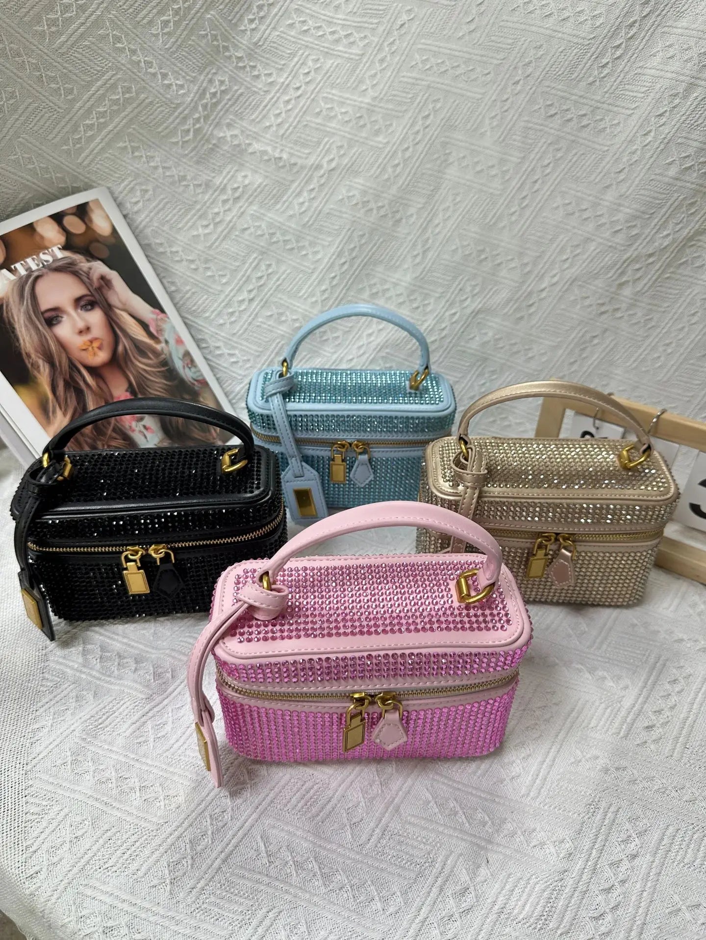 New JWPEI Cleo Crocodile-Print Diamond-Embellished Box Bag, Square Handbag, Crossbody Shoulder Bag, Small Square Bag