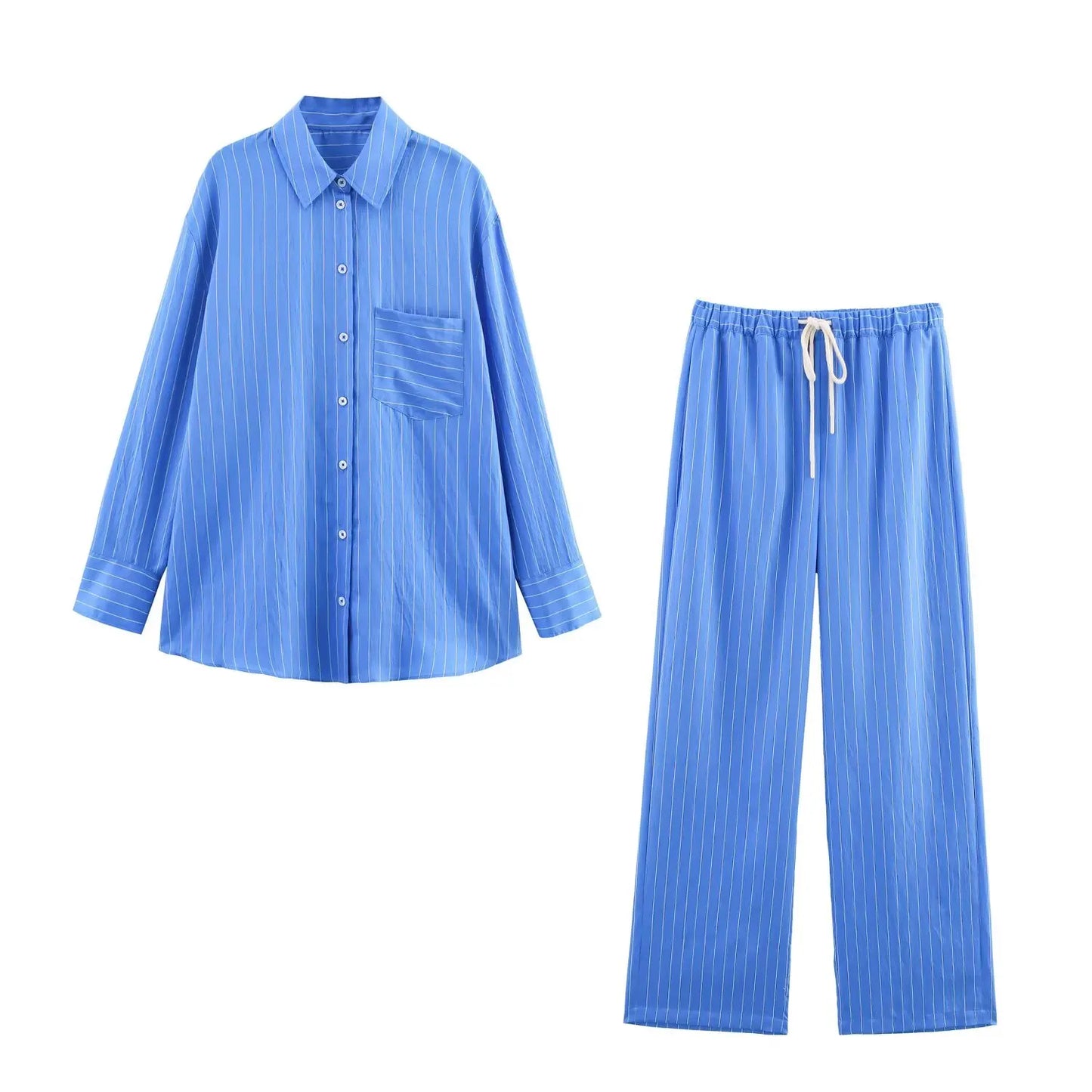 HH Women Striped Pants Suit Loose Lapel Long Sleeve Pocket Single-breasted Blouse+Summer Pajama Style Drawstring Pants