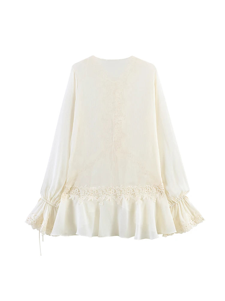 TFMLN New Women Blouse Fashionable Flare Sleeve Lace Spliced Semi-Sheer Cardigan Lace Up Tops Elegant Ruffled V Neck Shirt