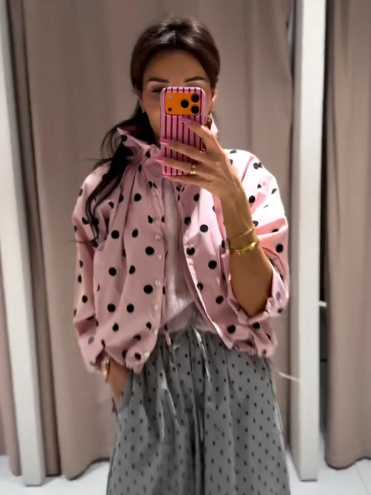 HH Damen Langarm Rosa Gepunktete Jacke Modische Einreihige Hochkragen Kurze Jacke Damen Frühling Lässige High-Street-Jacke