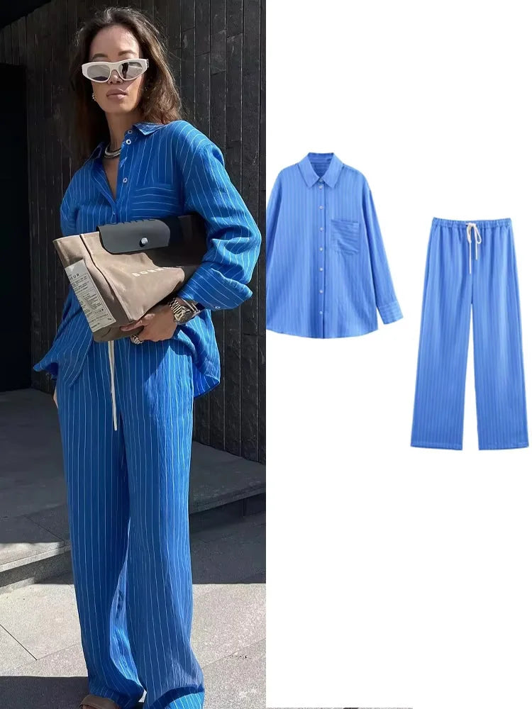 HH Women Striped Pants Suit Loose Lapel Long Sleeve Pocket Single-breasted Blouse+Summer Pajama Style Drawstring Pants