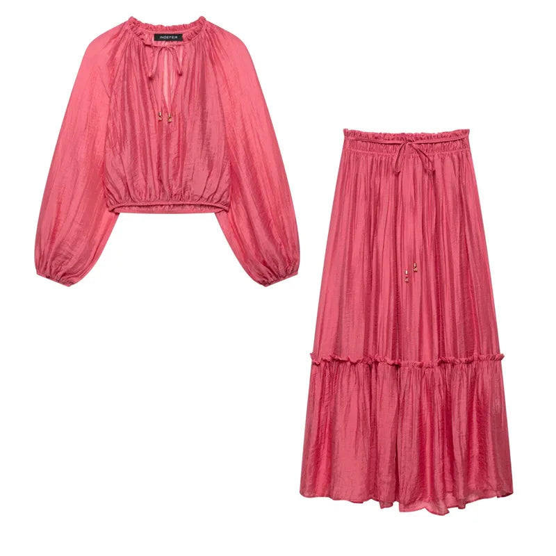 2025 Summer Women Red Folds Shirt Skirts Sets Lace Up Long Sleeves Shirts+High Waist Pleated Skirt Fashion Lady Outfits