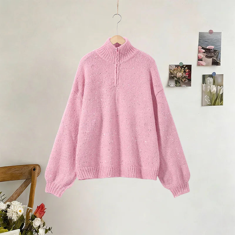 Casual Pailletten Lose Pullover Frauen Volle Hülse Gestrickte Solide Shinny Revers Reißverschlüsse Pullover Weibliche 2026 Frühling Dame Outwears
