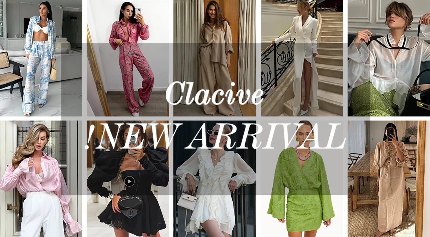 Clacive Fashion Blue Stripe Trousers Set 2 Piece Woman 2026 Elegant Long Sleeve Shirt + Bra With High Waist Wide Pants Set Femal