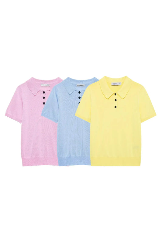 ALESSIA CANDY - Damen Strick Top – Polo Kragen Kurzarm Pullover