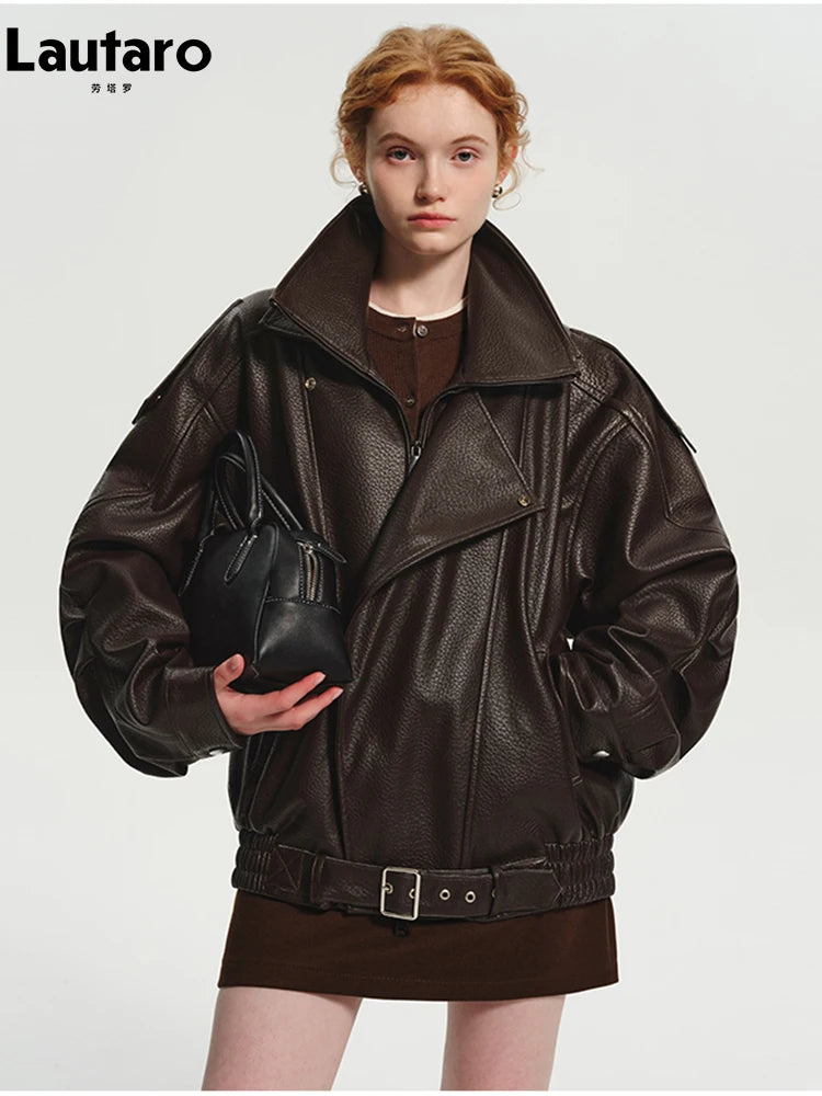 Lautaro Frühling Herbst Kühle Braun Übergroße Pu Leder Jacke Frauen Langarm Zip Up Luxus Designer Amerikanische Retro Kleidung