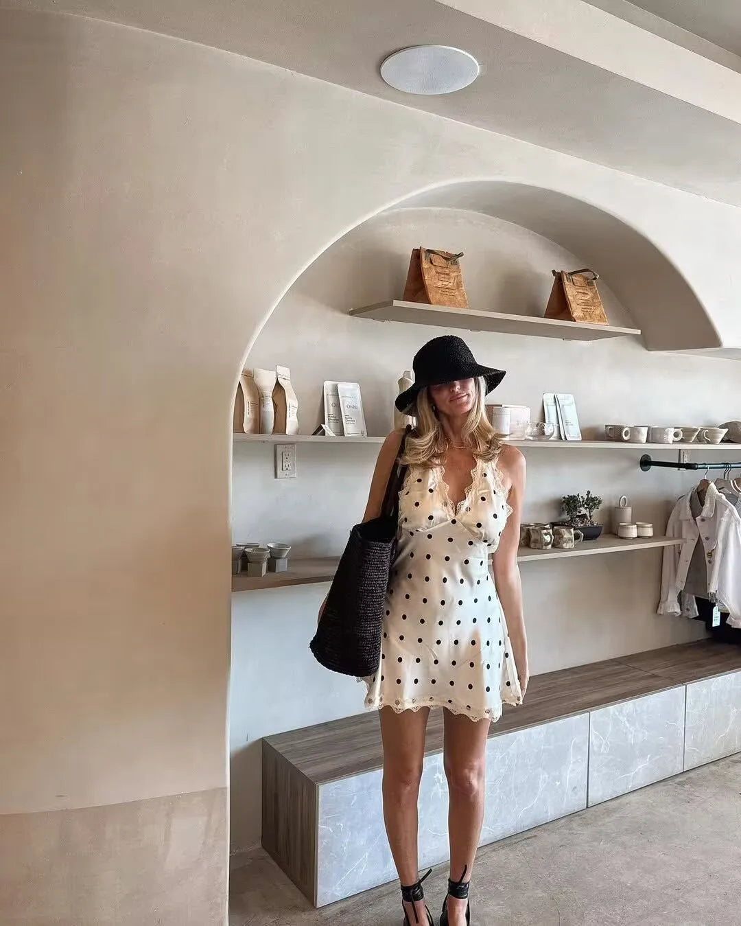 YENKYE Lace Spliced Polka Dot Halter Dress Women Elegant A-line Mini Sexy Backless Dresses Summer Robe 2025