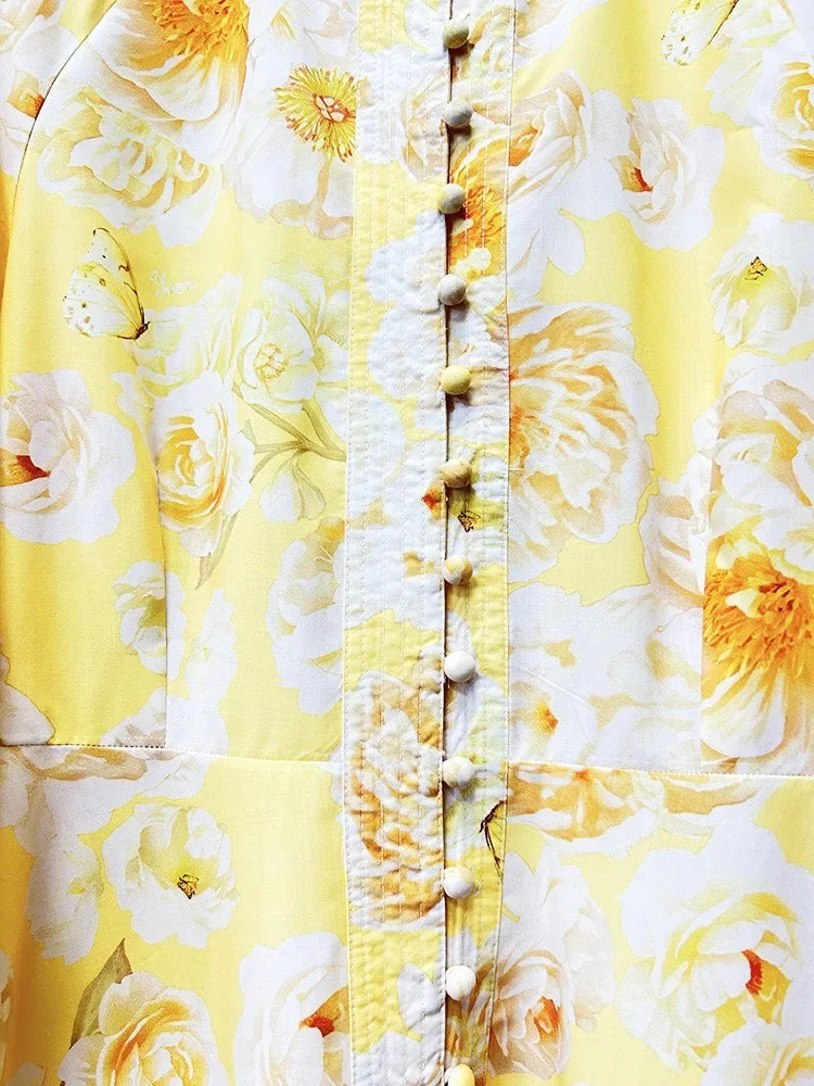Elegant Floral Print Mini Dress 2025 New Style Stand Collar Single Button Belt Lantern Sleeve Holiday Maxi Skirt Dress