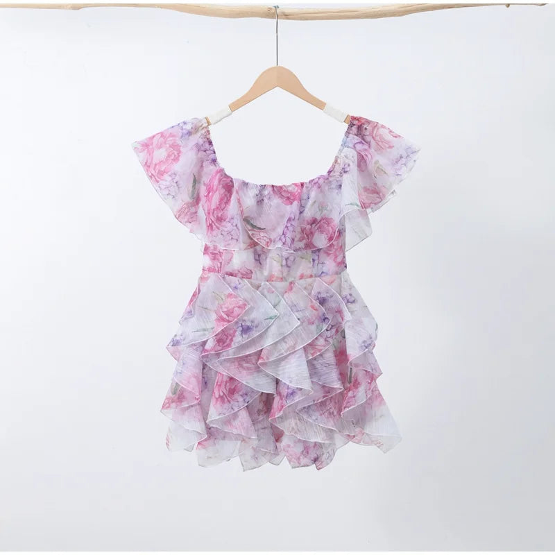 Chic Floral Printed Mini Dress Backless Sleeveless Hem Stacking Dresses Sweet A Line Vestidos 2025 New Lady Party Club Clothing
