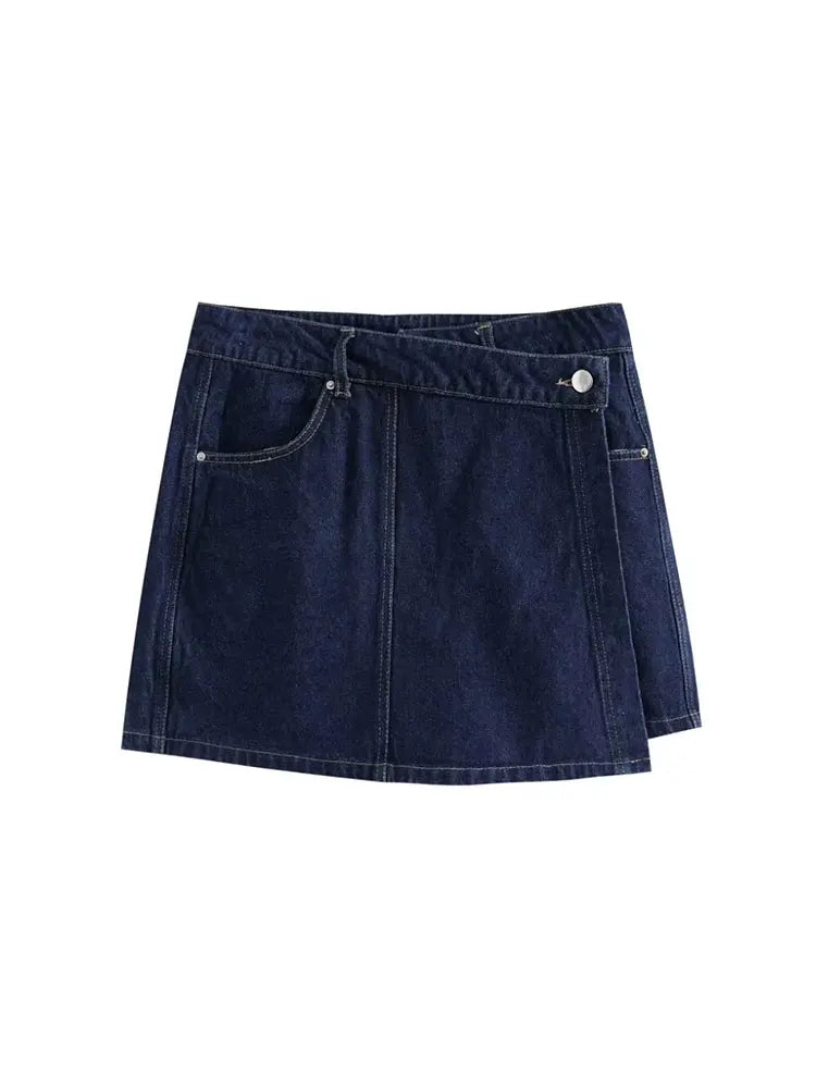 2025 Damenmode Flip Pocket Dekoration Kurzer Flip-Kragen Slim-Fit-Jeansoberteil + asymmetrischer Jeansrock 2-teiliges Set