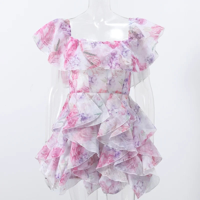 Chic Floral Printed Mini Dress Backless Sleeveless Hem Stacking Dresses Sweet A Line Vestidos 2025 New Lady Party Club Clothing