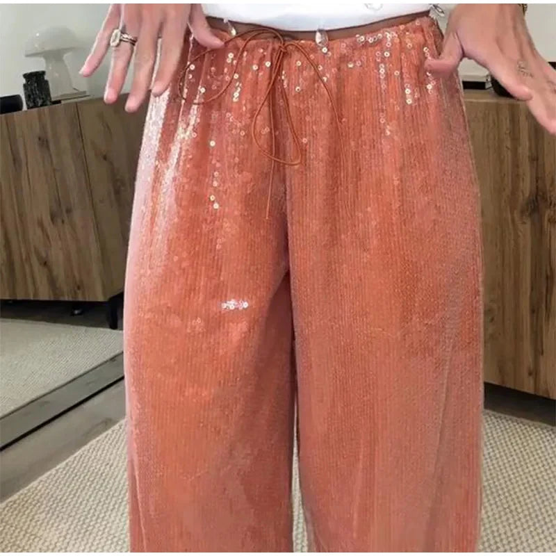 Fashion Sequin Loose Pants Women Solid Drawstring High Waist Wide Leg Trousers Female 2026 Fashion Summer Shinny Bottom Lady