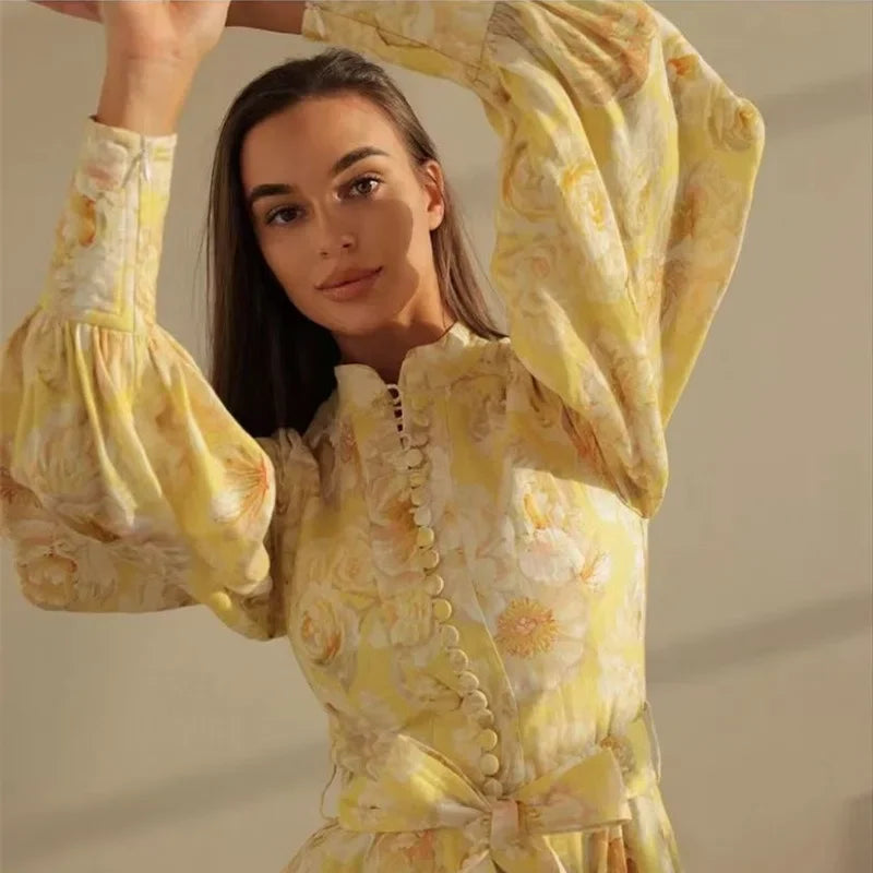 Elegant Floral Print Mini Dress 2025 New Style Stand Collar Single Button Belt Lantern Sleeve Holiday Maxi Skirt Dress