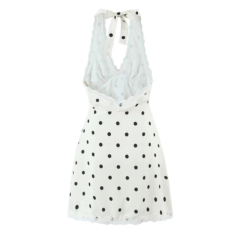 YENKYE Lace Spliced Polka Dot Halter Dress Women Elegant A-line Mini Sexy Backless Dresses Summer Robe 2025