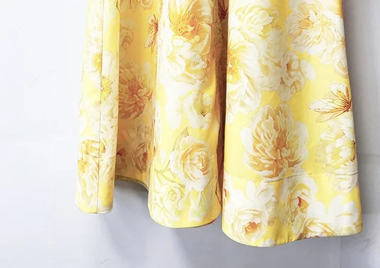 Elegant Floral Print Mini Dress 2025 New Style Stand Collar Single Button Belt Lantern Sleeve Holiday Maxi Skirt Dress